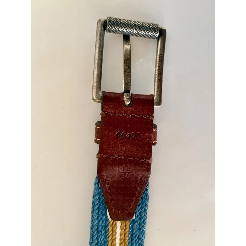 Martin‎ Dingman Old Money Sz 35 Preppy Woven Canvas & Italian Leather Belt Blue